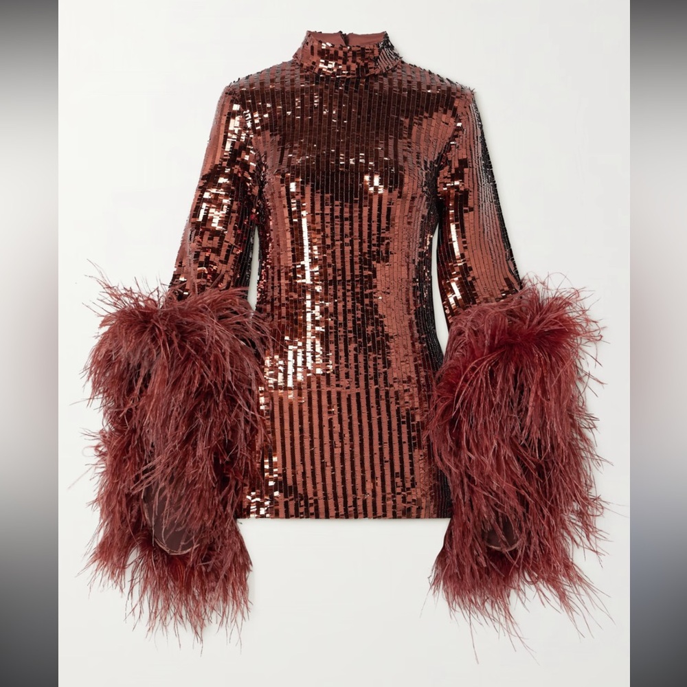 Taller Marmo Del Rio Disco Sequin Mini Dress with Feather Details